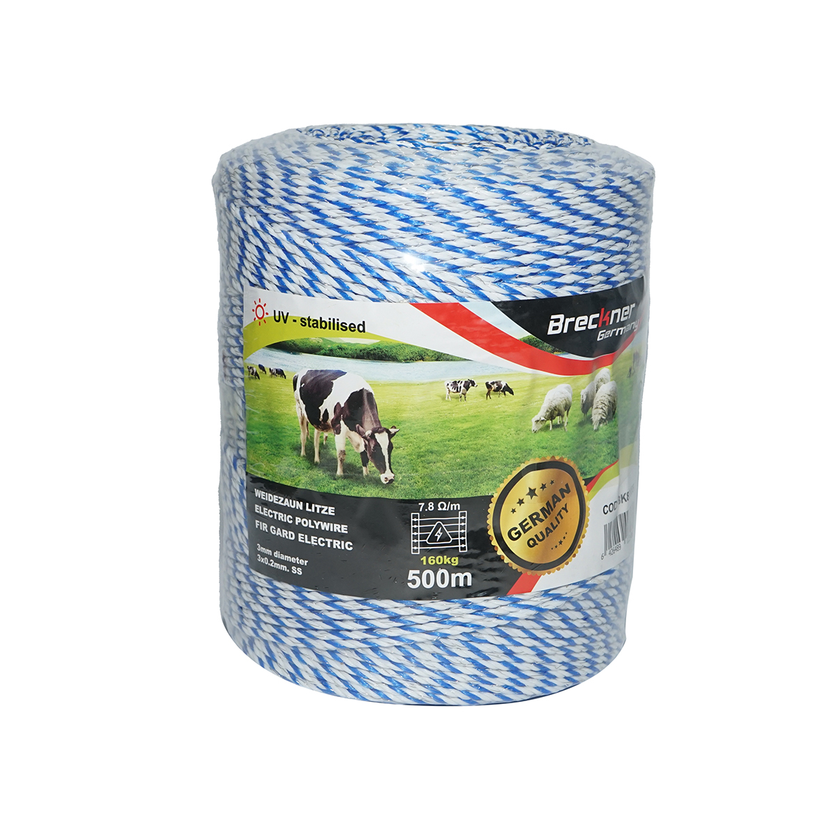 Rotolo di filo bianco-blu per recinto elettrico da 3 mm 3x0,2 mm SS, 7,8 Ohm / m, recinto elettrico Breckner da 500 m