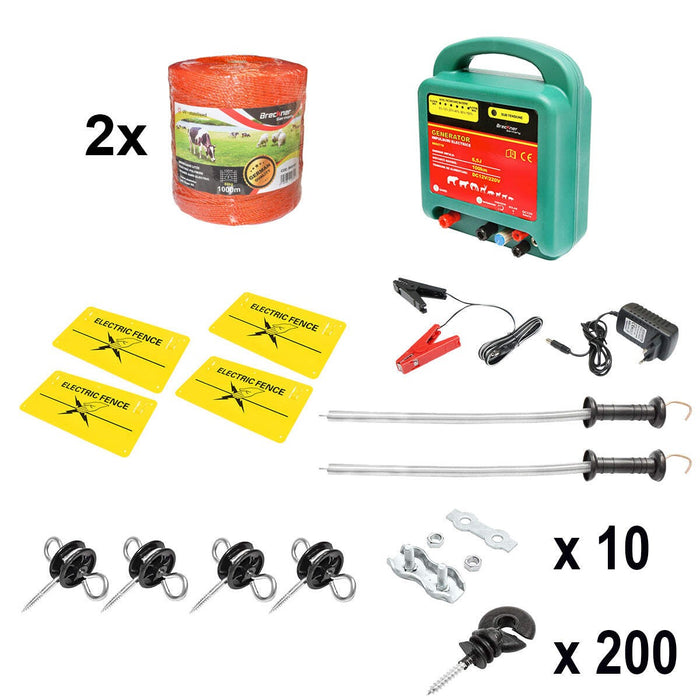 Kit completo per recinzione elettrica 12/220V, 6,5 Joule, lunghezza filo 2000m, 200 isolatori e targhe di segnalazione Breckner Germany