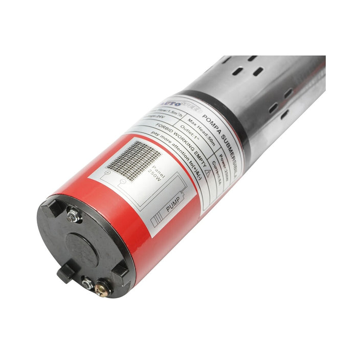 Pompa d’acqua sommersa per pannello solare 24V/250W, 50m Altezza Max, 1.5m3/h, 25L/min, Tubo 25mm, 350x80mm