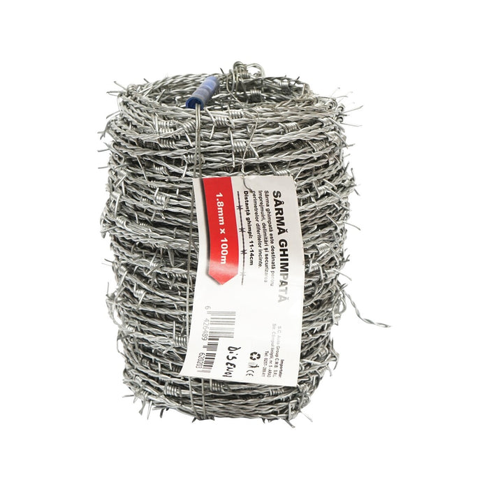 Rotolo di filo spinato zincato 100m,1.8 mm, distanza tra le punte 14cm, per recinzioni, Filo spinato zincato bobina