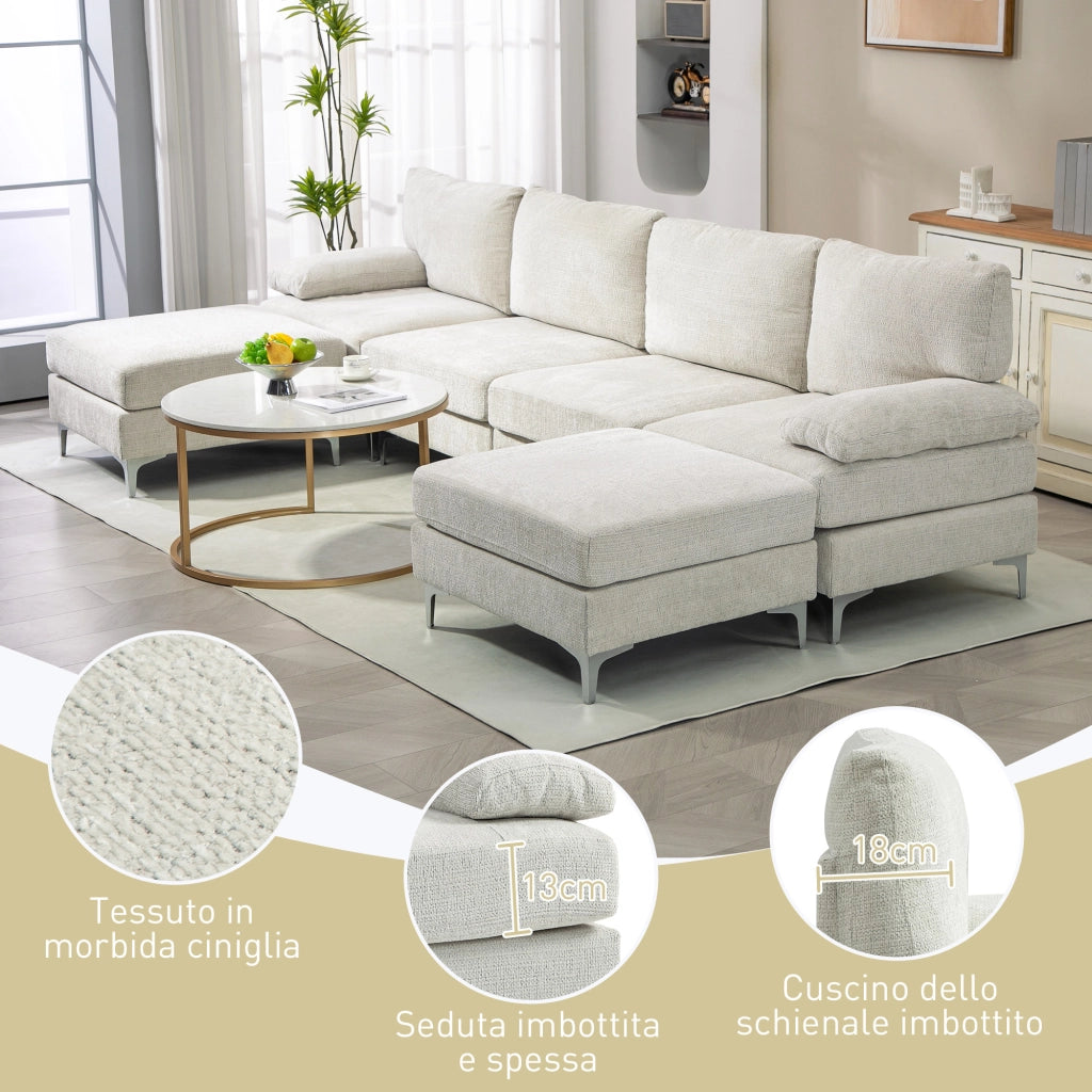 Divano Componibile 4 Pezzi con Poggiapiedi e Cuscini, in Tessuto effetto Ciniglia, 313x149x88 cm, Bianco Crema