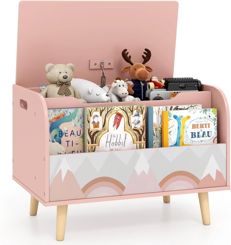 Cassapanca Portaoggetti per Bambini, con Libreria, Organizer per Giocattoli con 4 Gambe in Legno Massello e Coperchio Ribaltabile, per Sala Giochi e Asilo, 60x40x43 cm (Bianco)