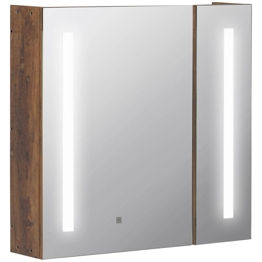 Specchiera Bagno con Luci LED Regolabili, 2 Ante e Mensola Regolabile, 70x15x65cm, Marrone