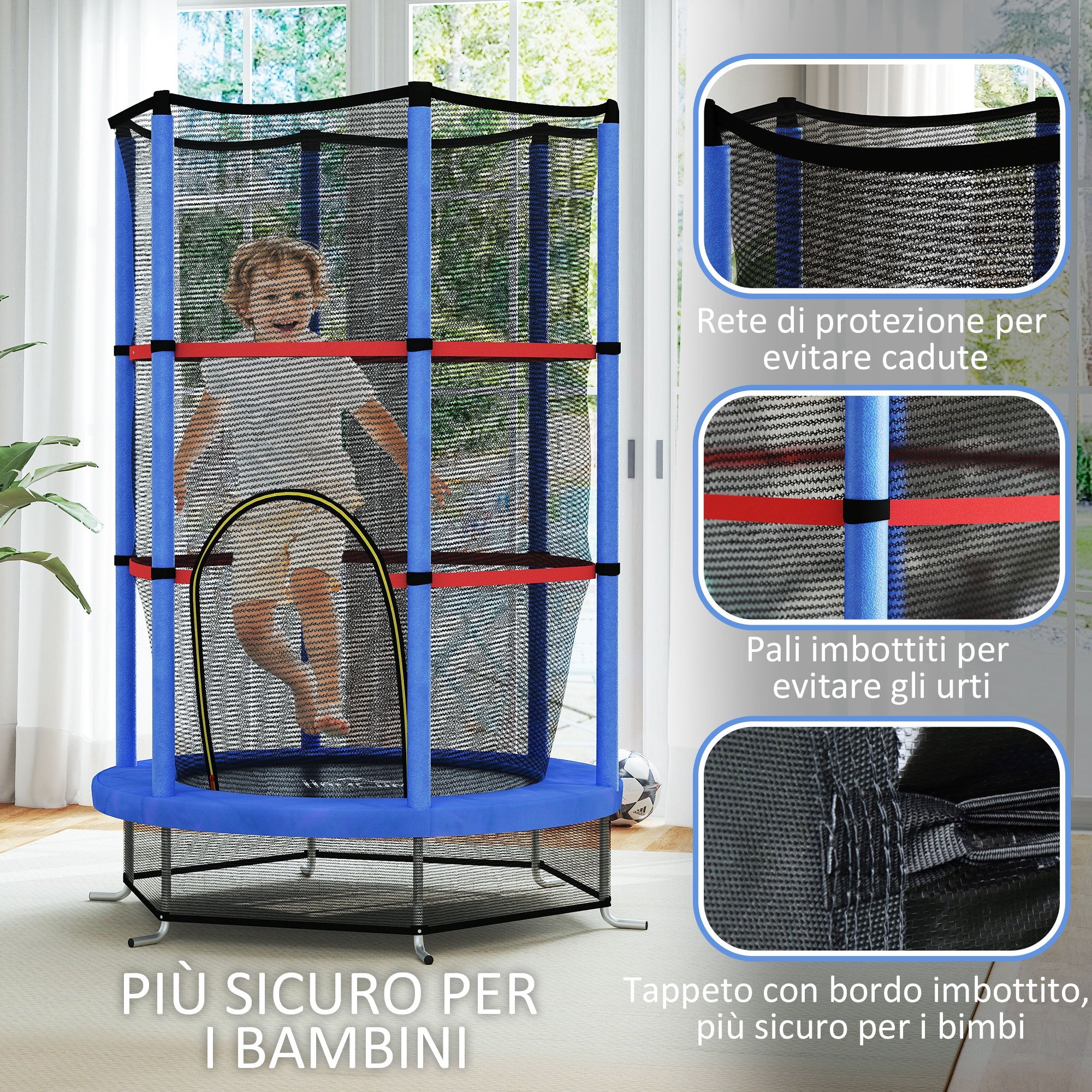 Tappeto Elastico per Bambini 3-6 Anni Ø140x190 cm con Rete di Protezione Blu e Nero