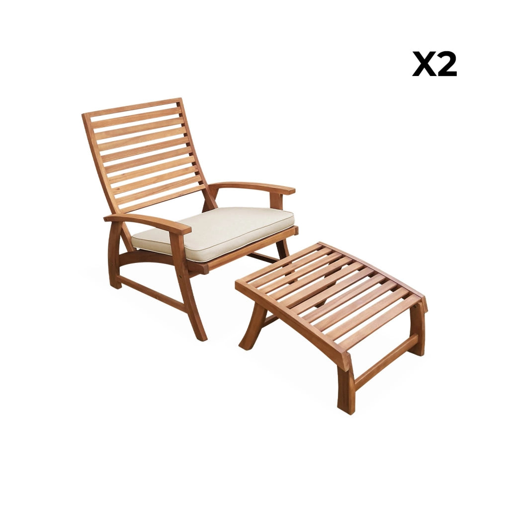 Set 2 sedie con cuscino e poggiapiedi in legno, teak