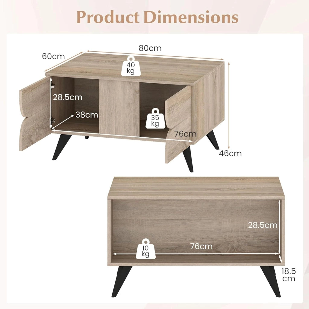 Tavolino rettangolare con spazio di archiviazione, tavolo da salotto in legno con 3 ante e 1 scomparto aperto, 80 x 60 x 46 cm, per ufficio (rovere)
