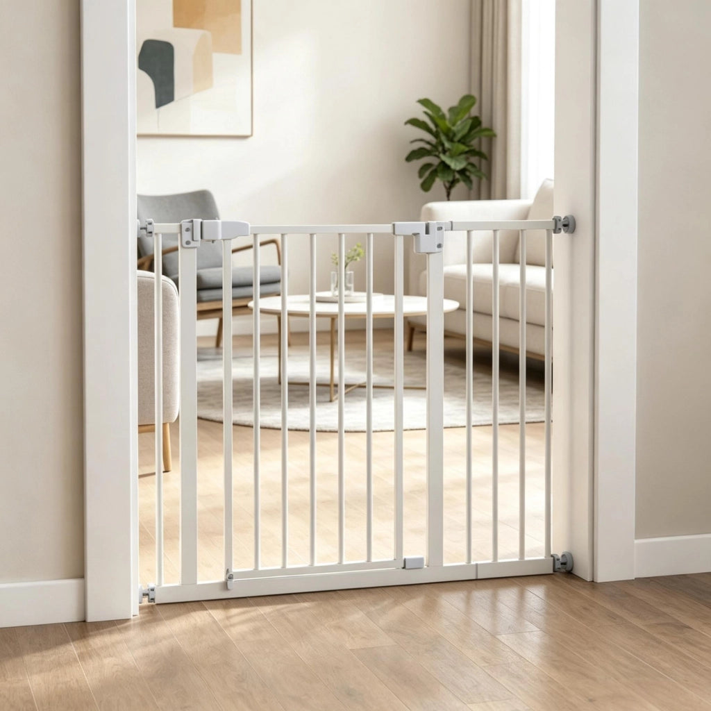 Cancello di Sicurezza Estensibile per Animali in Metallo e Plastica, Altezza 76,2 cm, Bianco