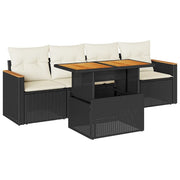 Set Divani da Giardino 5 pz | Set Salotto da Giardino con Cuscini Nero Polyrattan Acacia