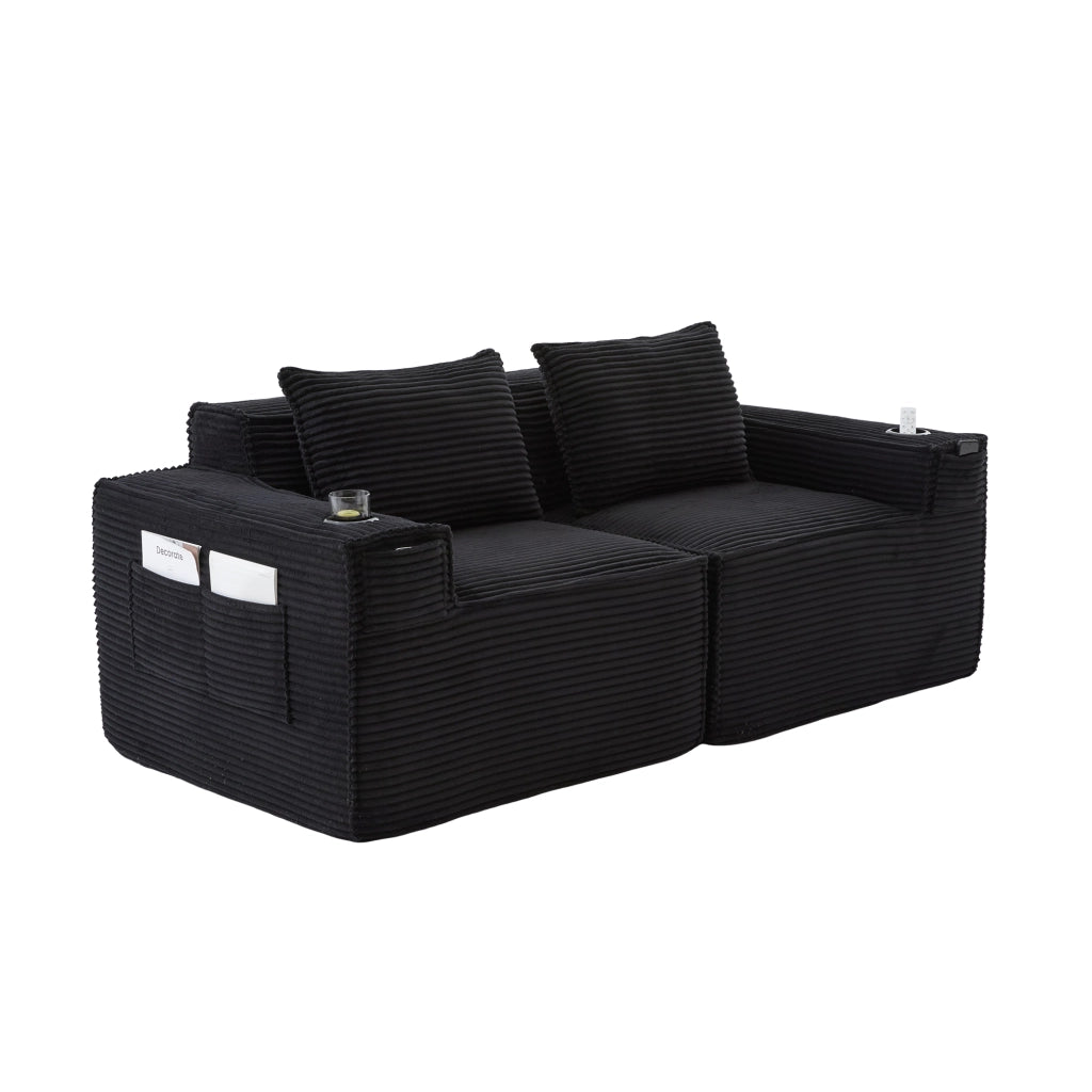 Divano modulare 2 posti in corduroy nero con portabicchieri e tasche laterali 188x90x75 cm