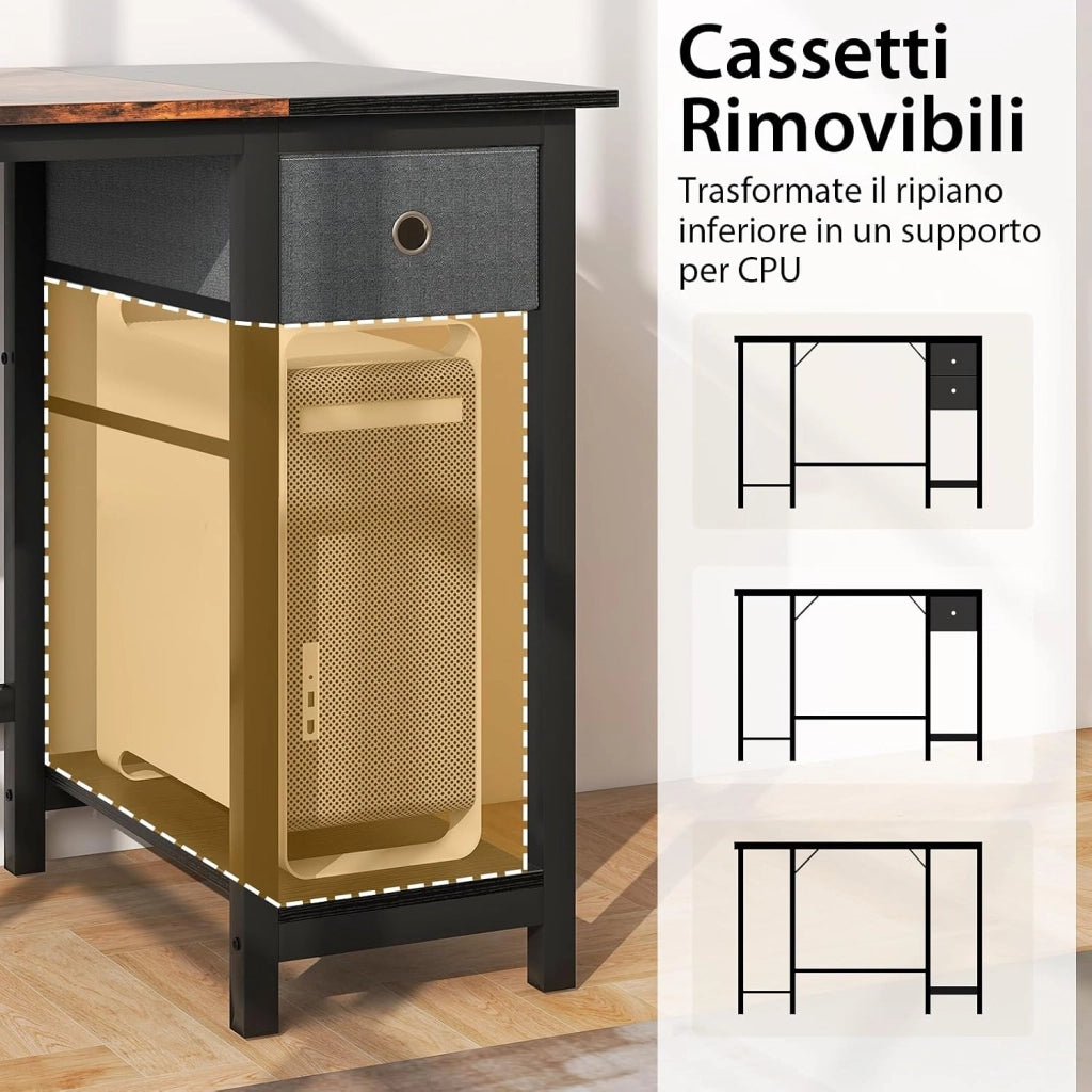 Scrivania da 120CM/140CM con 2 Cassetti, Gancio e Ripiano, Moderna e Multiuso per Studio, Ufficio e Camera da Letto, Marrone Rustico e Nero (140 x 75 x 60 cm)