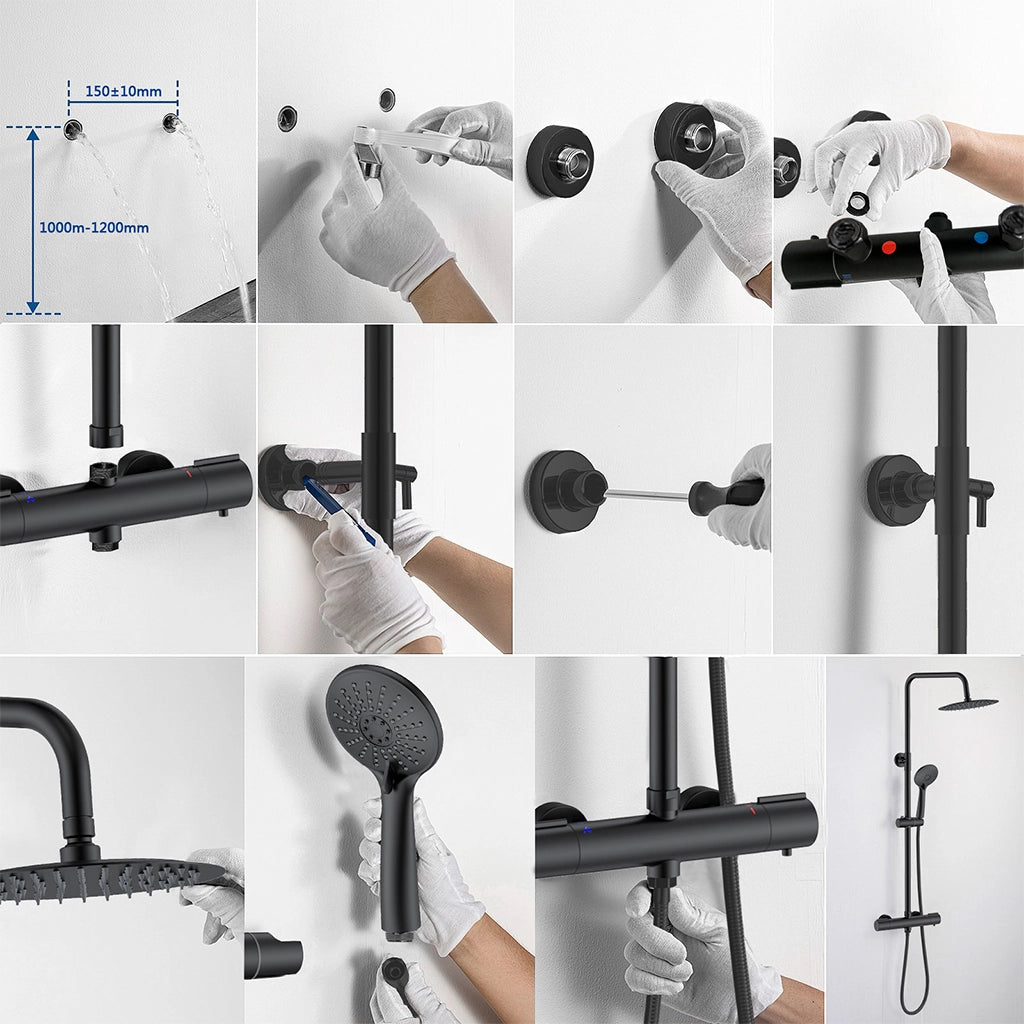 AICAIT Colonna doccia rotonda con soffione rotondo 25x25cm in acciaio inox nero, sistema doccia a 38℃ antiscottature
