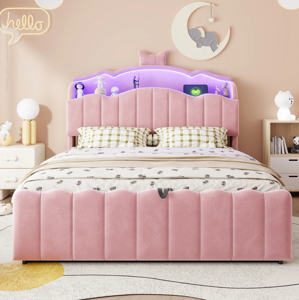 Letto per bambini 140x200 cm con contenitore idraulico, LED, USB e USB-C in velluto rosa