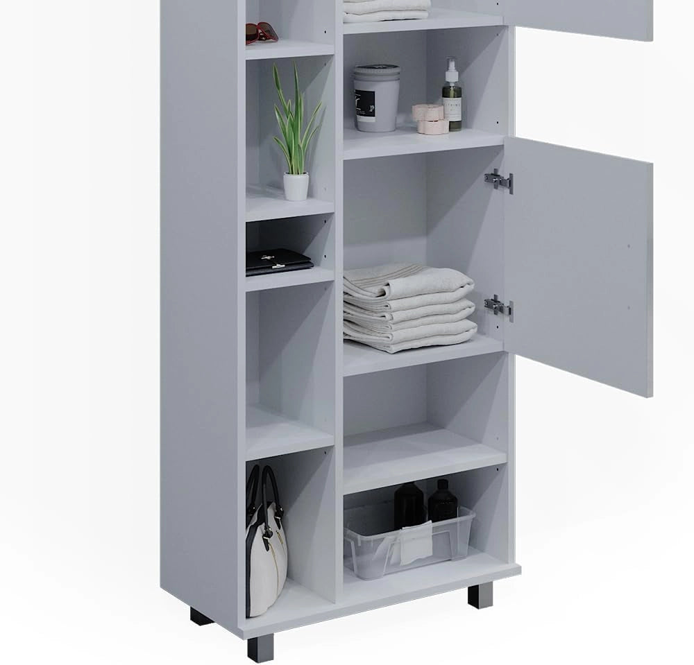 Mobile bagno alto Ilias, Bianco lucido, 60 x 190 cm, con ripiani regolabili per una conservazione ordinata