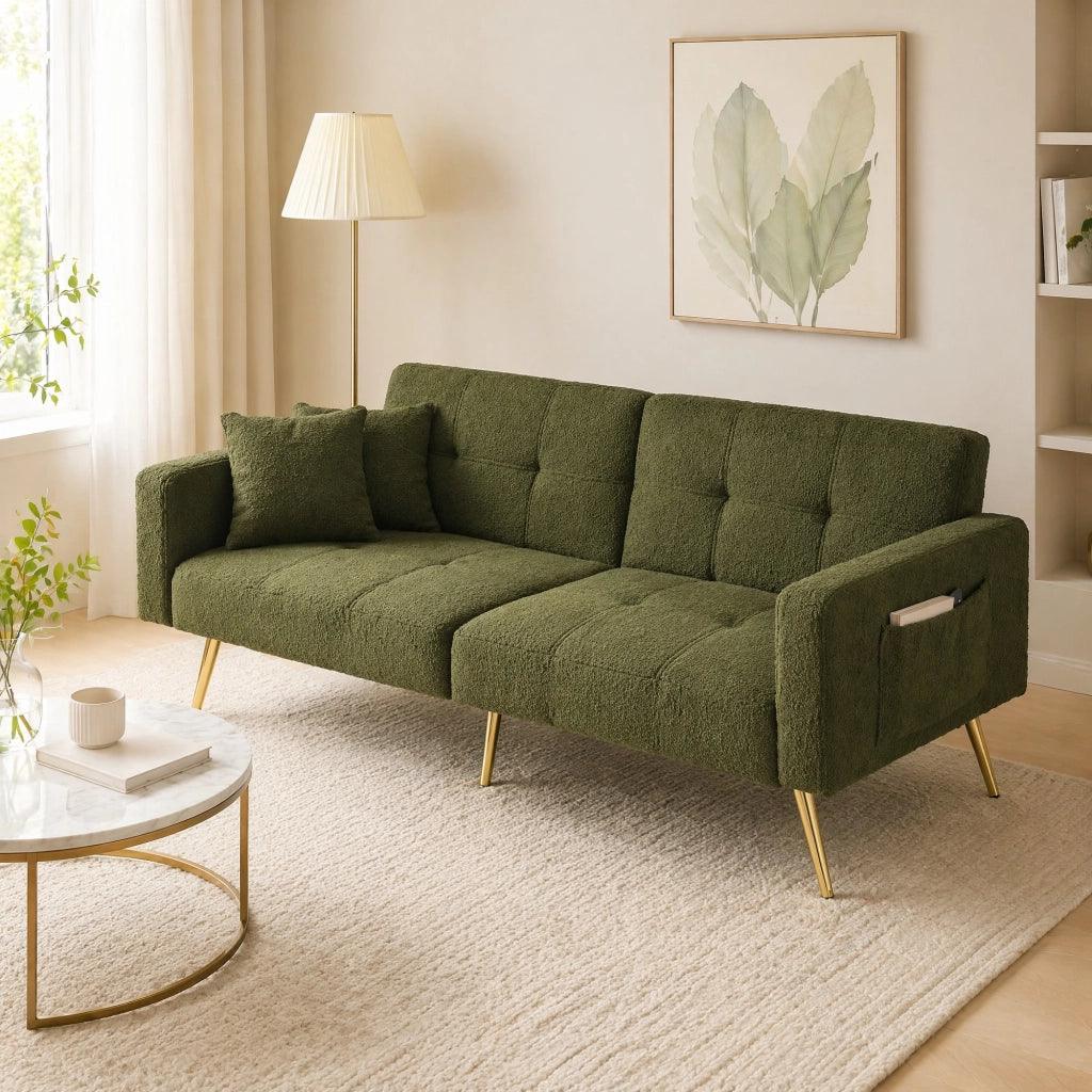 DIVANO LETTO reclinabile 175x64x72 cm verde antico con gambe dorate
