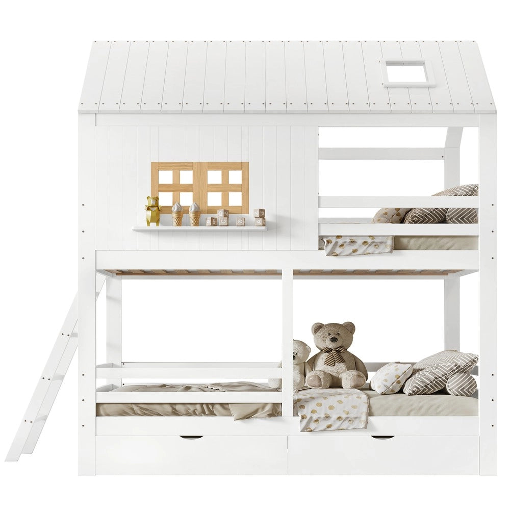 Letto a Castello Bambini con Cassetti e Finestra ¨C MINIMAL ¨C Pino Bianco 90x200