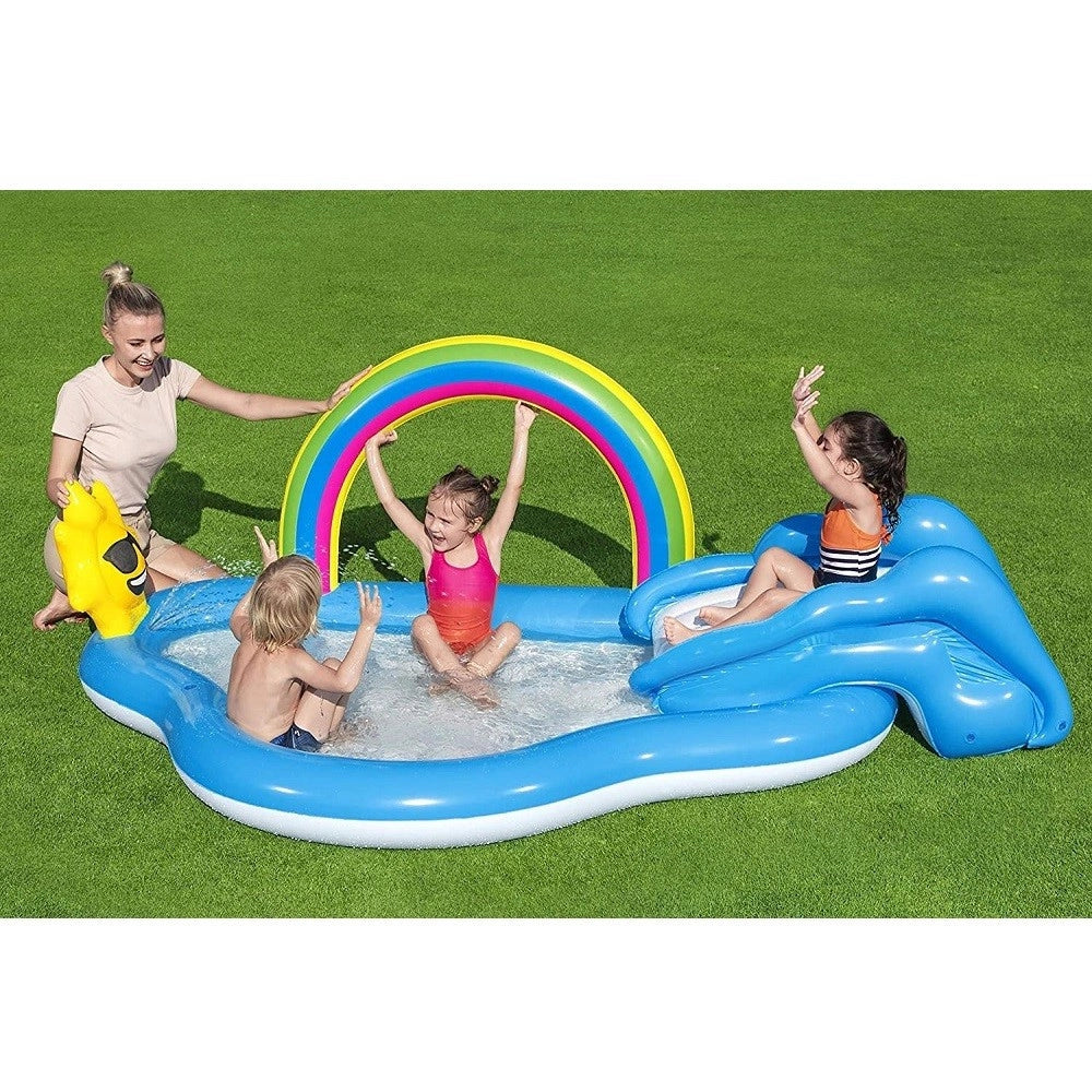 Trade Shop - Piscina Per Bambini Arcobaleno 2 Anni+ Gonfiabile 257x145x91cm Con Scivolo 53092 -