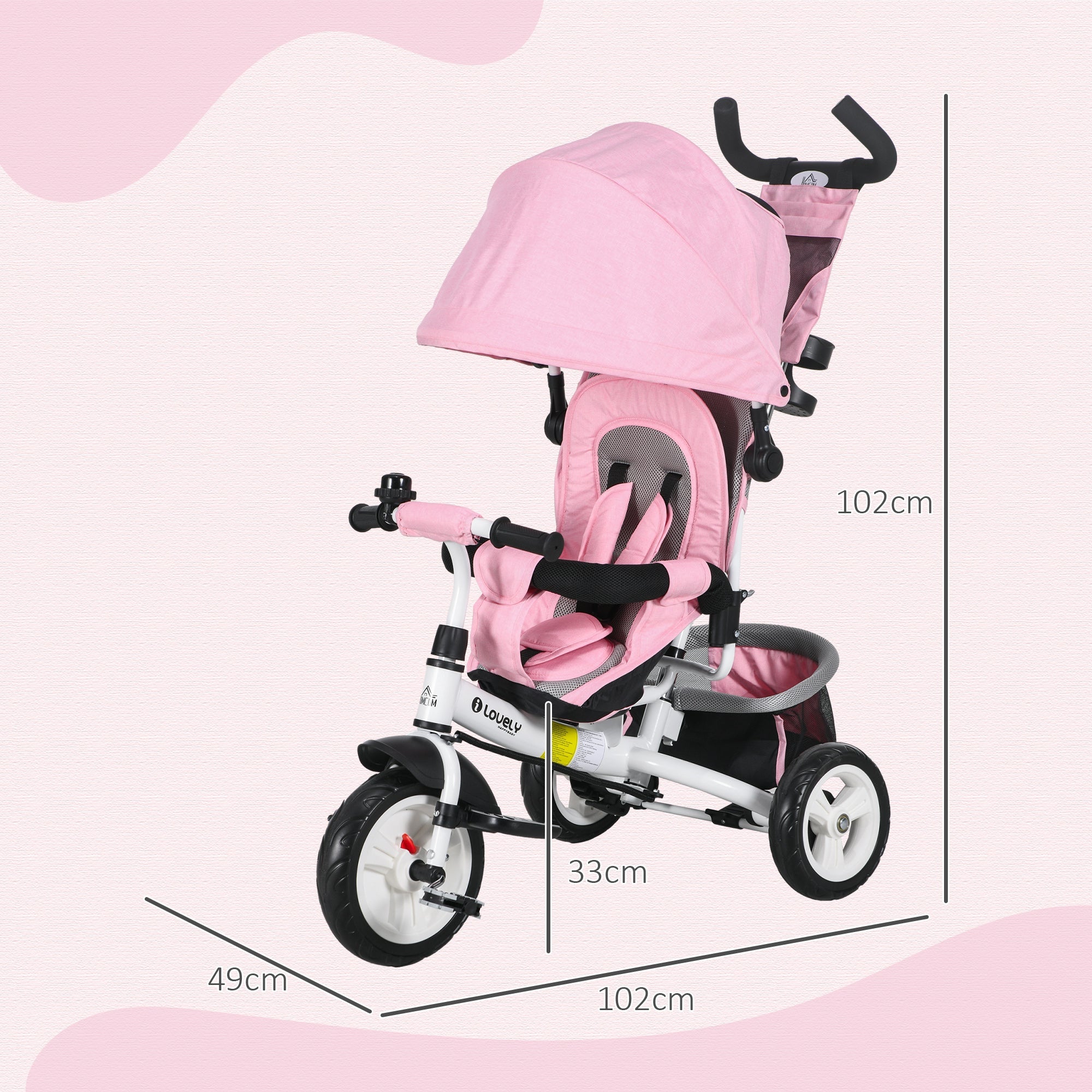Triciclo per Bambini 1-5 Anni 102x49x102 cm con Maniglione e Tettuccio Regolabile Bianco e Rosa