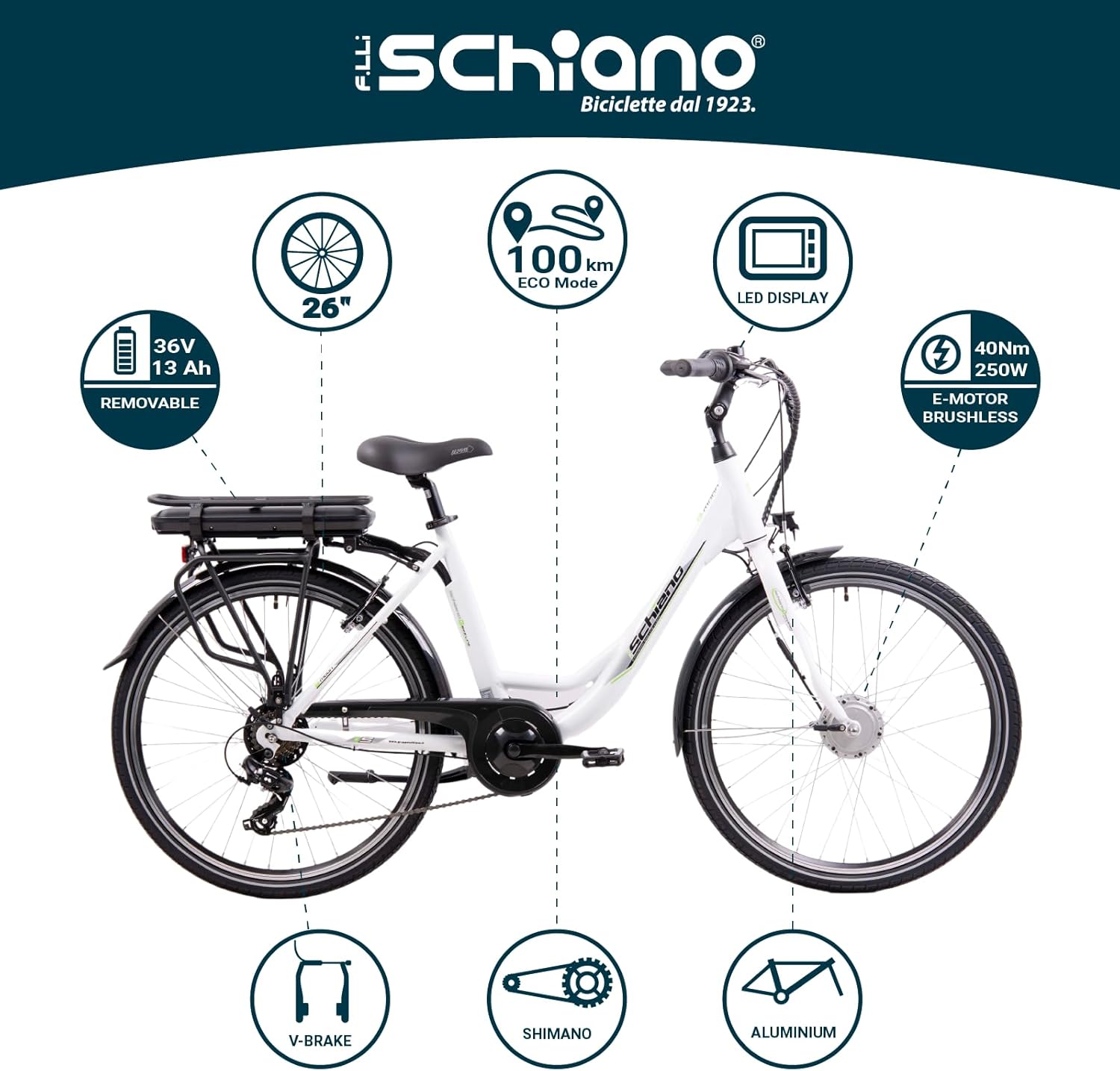 F.LLI SCHIANO E-MOON 26" bicicletta elettrica, da citta  per adulti, e-bike con motore elettrico batteria sul portapacc