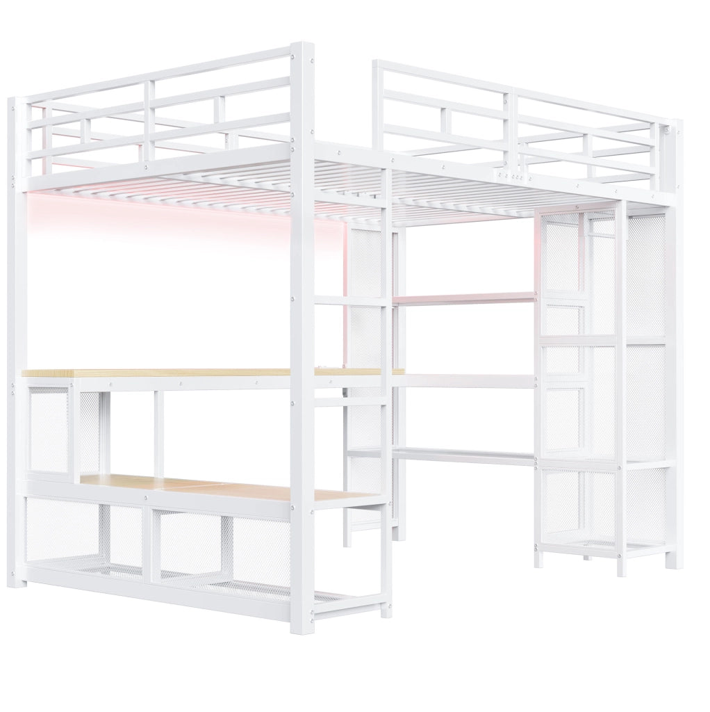Letto a soppalco 140x200 cm con scrivania; armadio aperto e LED in metallo e MDF bianco