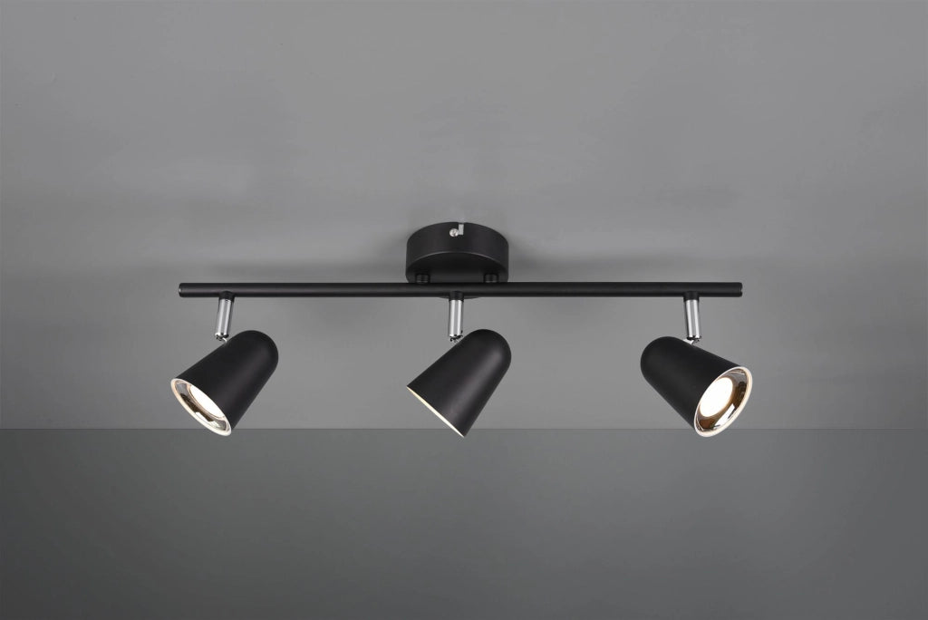 TOULOUSE BARRA 3 SPOTS LED 10,5W 1200lm, 3000K NERO SATINATO CON BORDO CROMATO L. 48CM