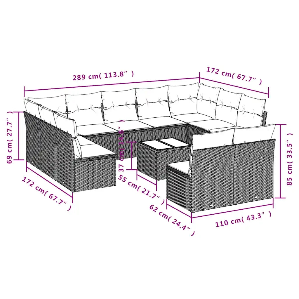 Set Divani da Giardino 12 pz con Cuscini Nero in Polyrattan 3218357