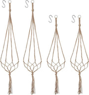 Set di supporti per piante macramé - 4 Supporti per fiori - Decorazione boho - Sostegno per piante - Lampada da soffitto - Decorazione per balcone e plafond - 90/105 cm