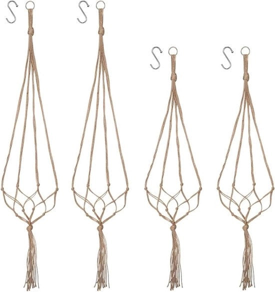 Set di supporti per piante macramé - 4 Supporti per fiori - Decorazione boho - Sostegno per piante - Lampada da soffitto - Decorazione per balcone e plafond - 90/105 cm