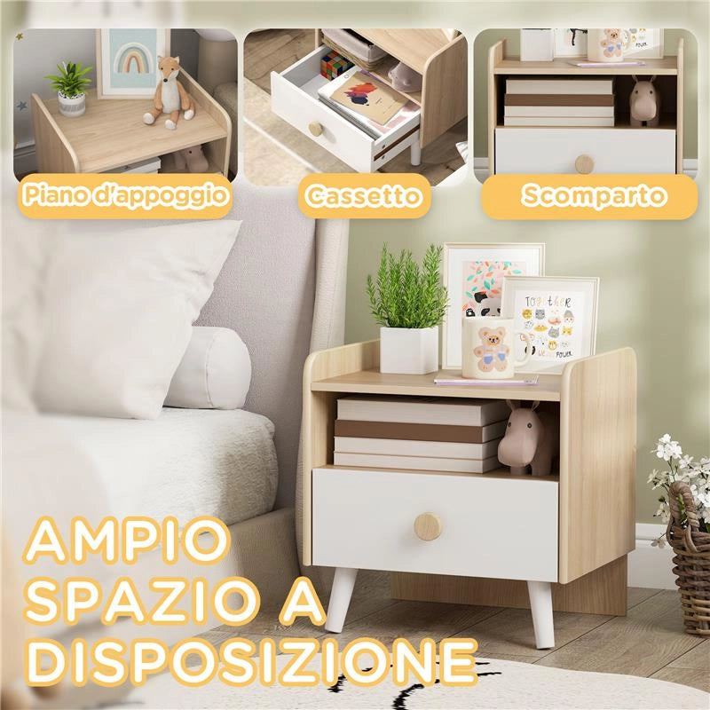 COMODINO CON CASSETTO PER BAMBINI 3-10 ANNI IN LEGNO E LEGNO DI PINO, 40X32.5X40 CM, BIANCO