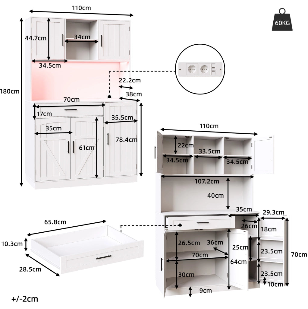 Credenza da cucina con LED e prese, bianca, 110x38x180 cm