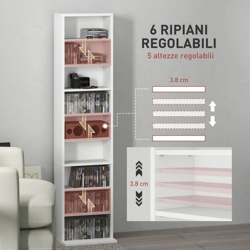 SCAFFALE PORTA CD CON 6 RIPIANI REGOLABILI, CAPACITÀ DI 260 CD/120 DVD, 33X24X140 CM, BIANCO