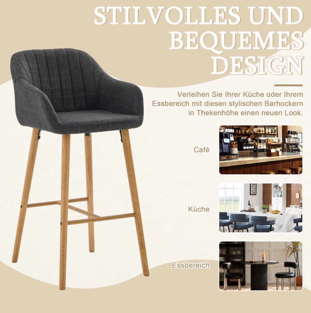 Set di 2 sgabelli da bar con schienale alto; braccioli e seduta in lino nero; 58;5 x 55 x 104 cm