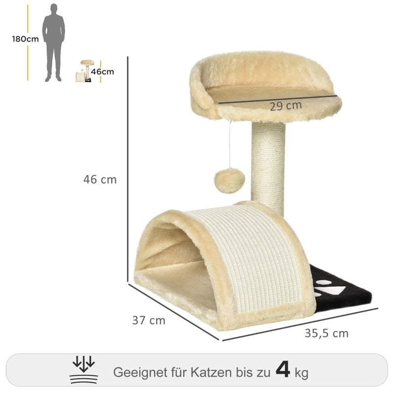 Albero tiragraffi per gatti beige con palline gioco, piattaforme e corde in sisal