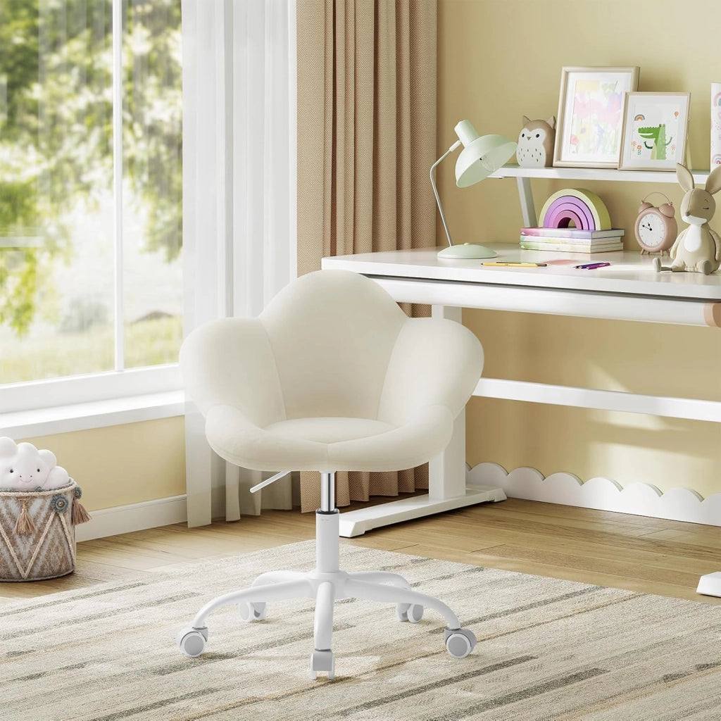 Sedia da Scrivania per Bambini, Sedia Ufficio Ergonomica Girevole e Regolabile in Altezza con Rotelle, Seduta a Forma di Fiore per Studio, Camera da Letto, Velluto, Beige