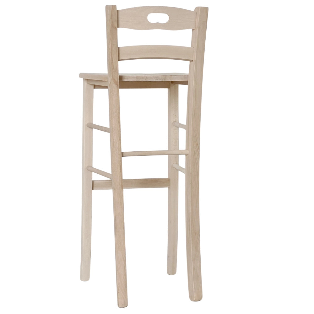 Sgabello alto 80 cm in legno massello grezzo con manico e seduta in massello