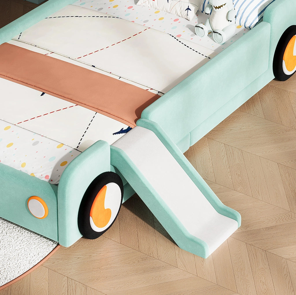 Letto per bambini a forma di auto con scivolo e scala 90x200 cm