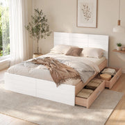 Letto matrimoniale in legno 160x200 cm con 2 cassetti, rete a doghe, bianco e rovere chiaro, senza materasso