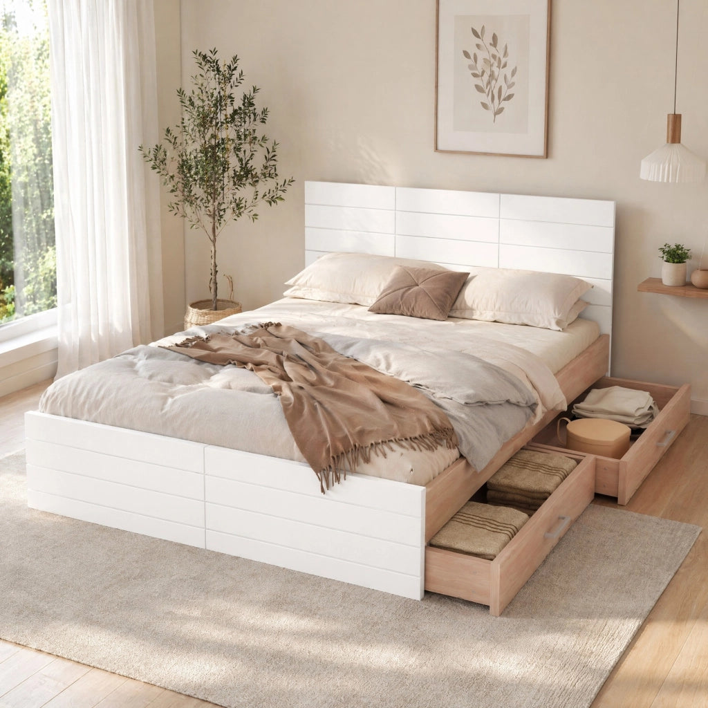 Letto matrimoniale in legno 160x200 cm con 2 cassetti, rete a doghe, bianco e rovere chiaro, senza materasso