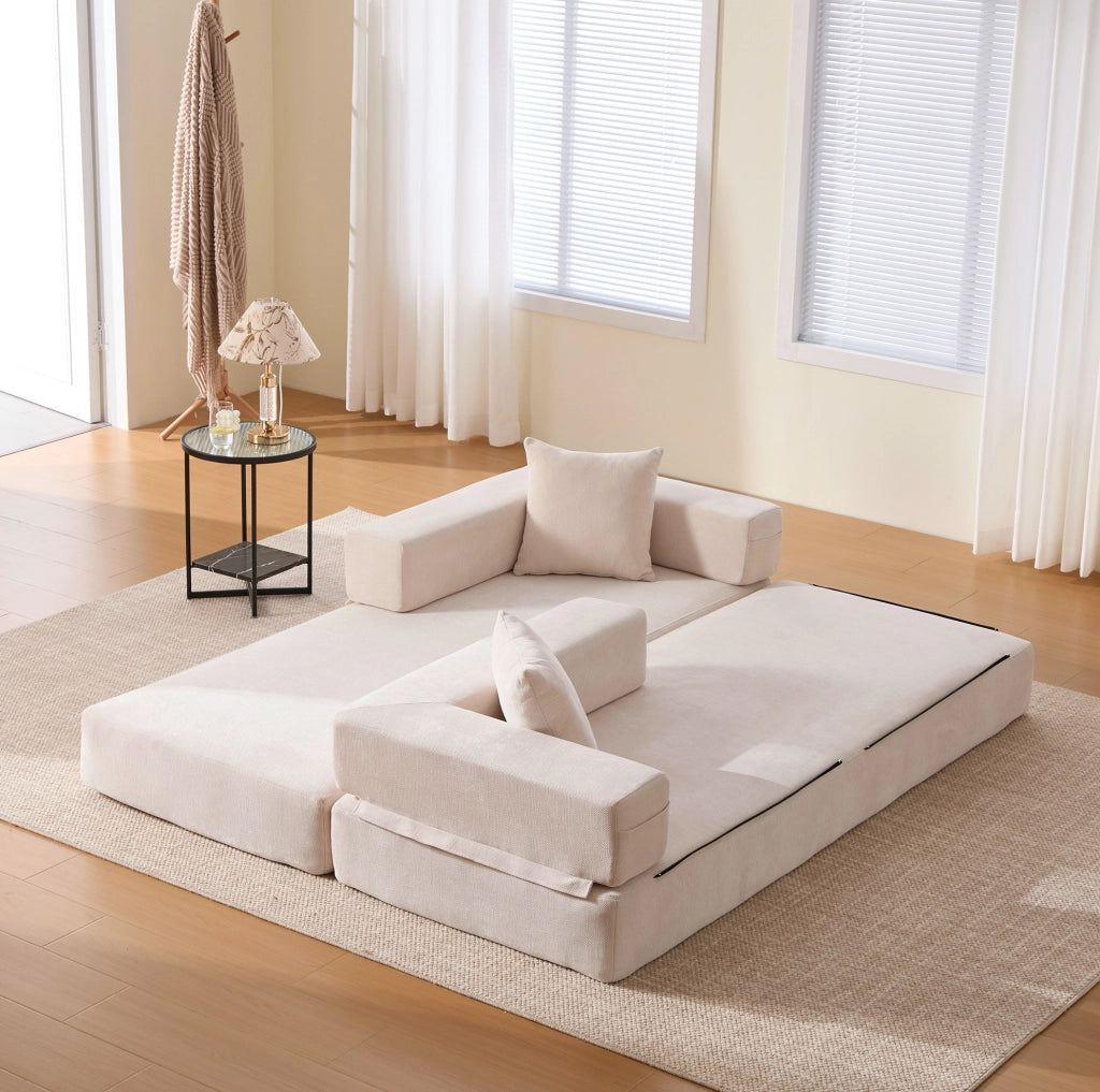 Blocco divano modulare in ciniglia beige con tasche laterali