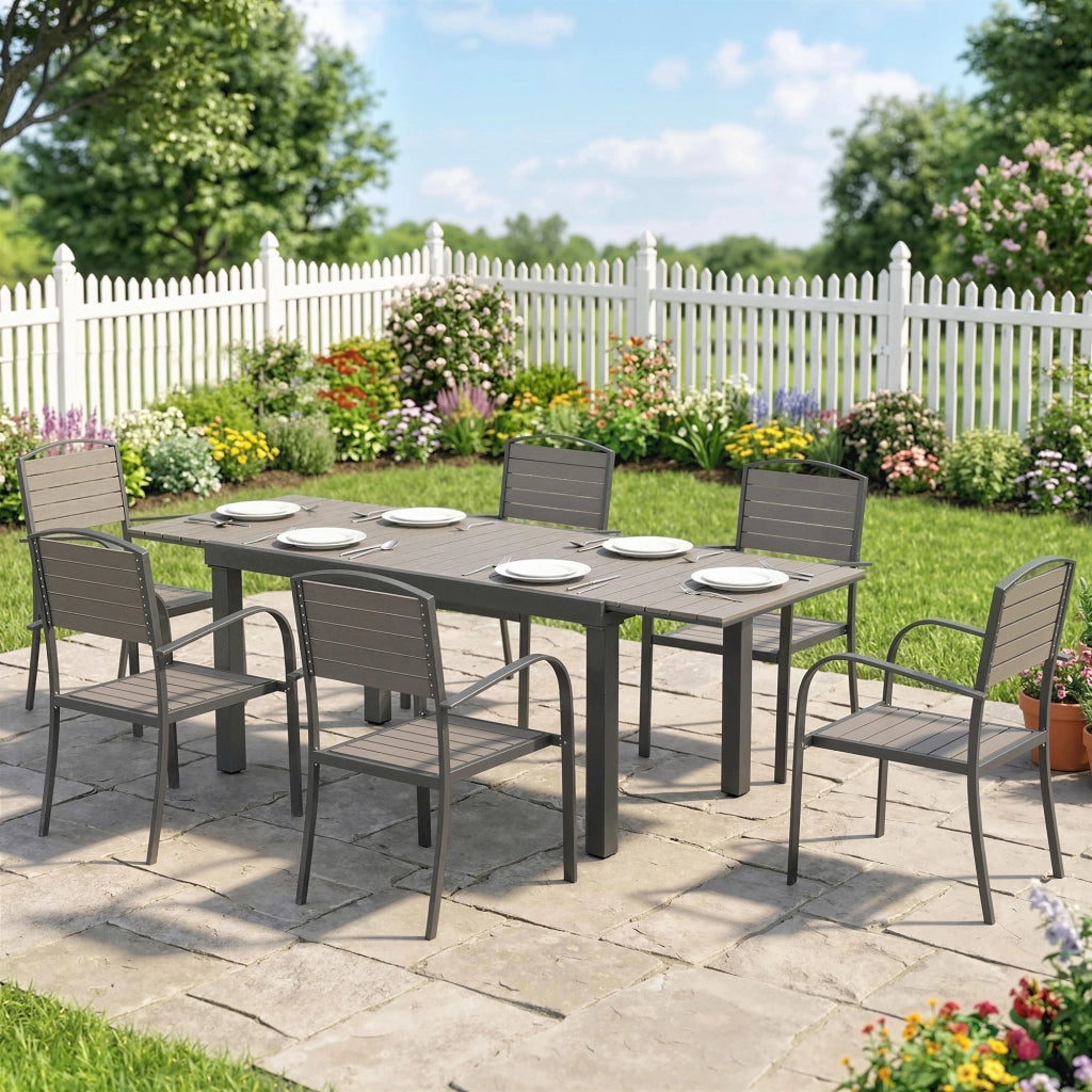 Set da giardino 7 pezzi con tavolo allungabile e 6 sedie impilabili ¨C Minimal ¨C effetto legno, telaio in alluminio