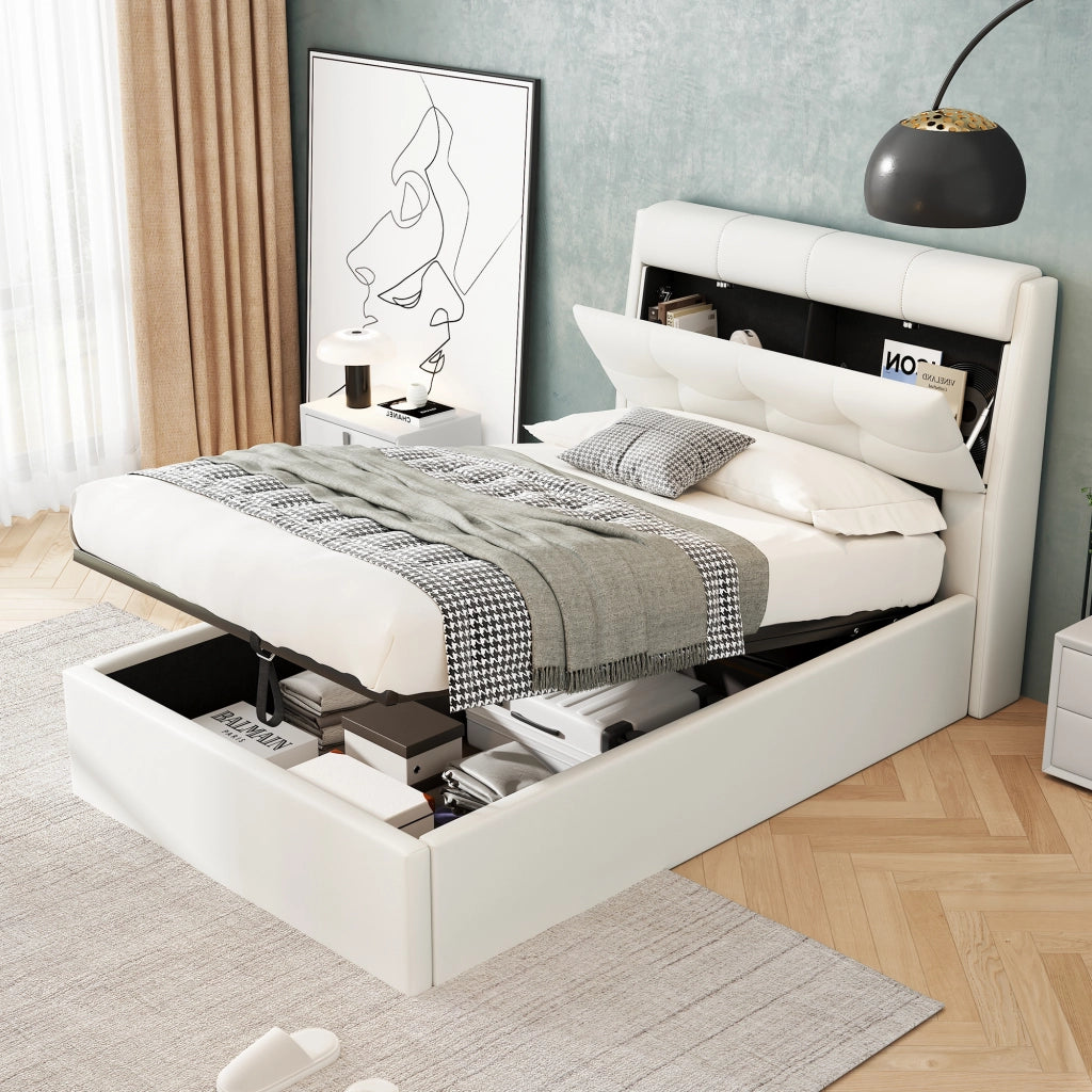 Letto Contenitore Letto Singolo 90x200 cm; 1 Posto - Idraulico e Testiera - in PU - Bianco