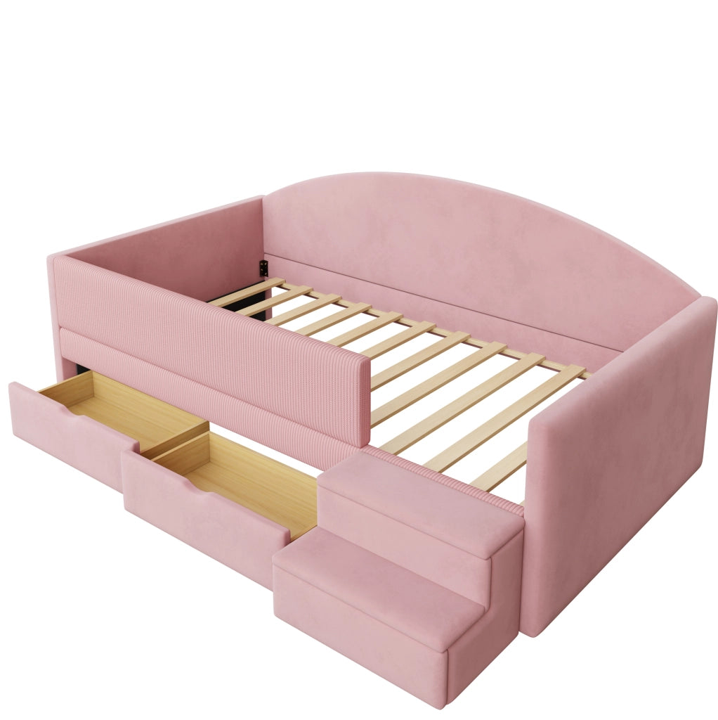 Letto imbottito per bambini rosa 90 x 190 cm con cassetti e gradini