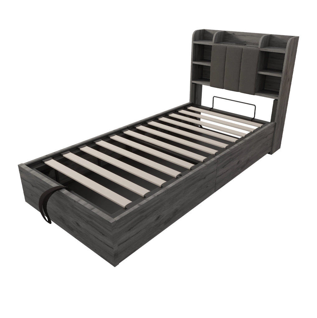 Letto singolo 90x200 cm con contenitore idraulico, USB e USB-C in MDF e compensato grigio