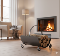 Porta Legna Design Classico con Manico Pieghevole 38x36x36 cm in Ferro Verniciato Grigio Martellato