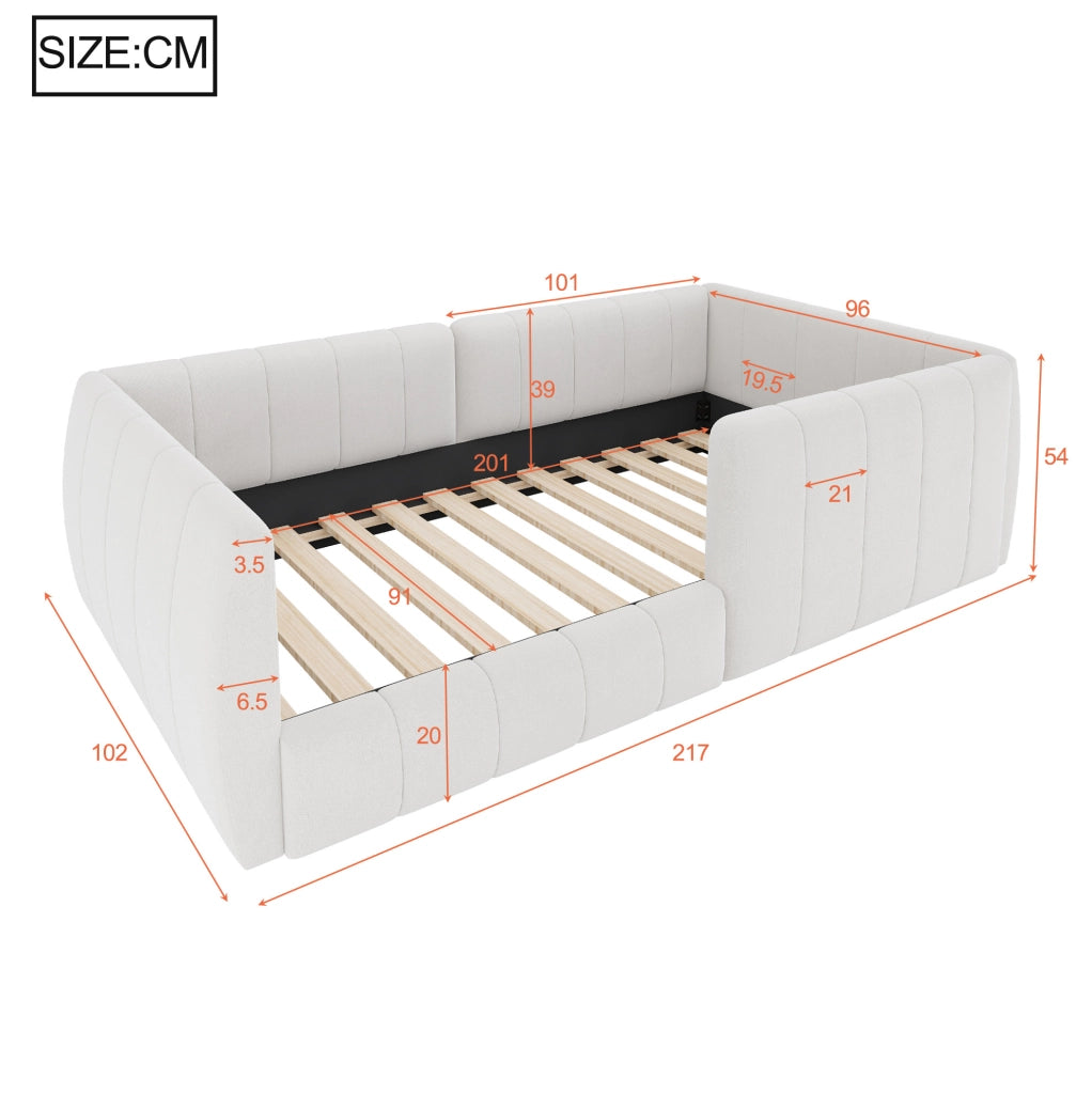Letto singolo imbottito 90x200 cm con sponde di sicurezza; in velluto beige