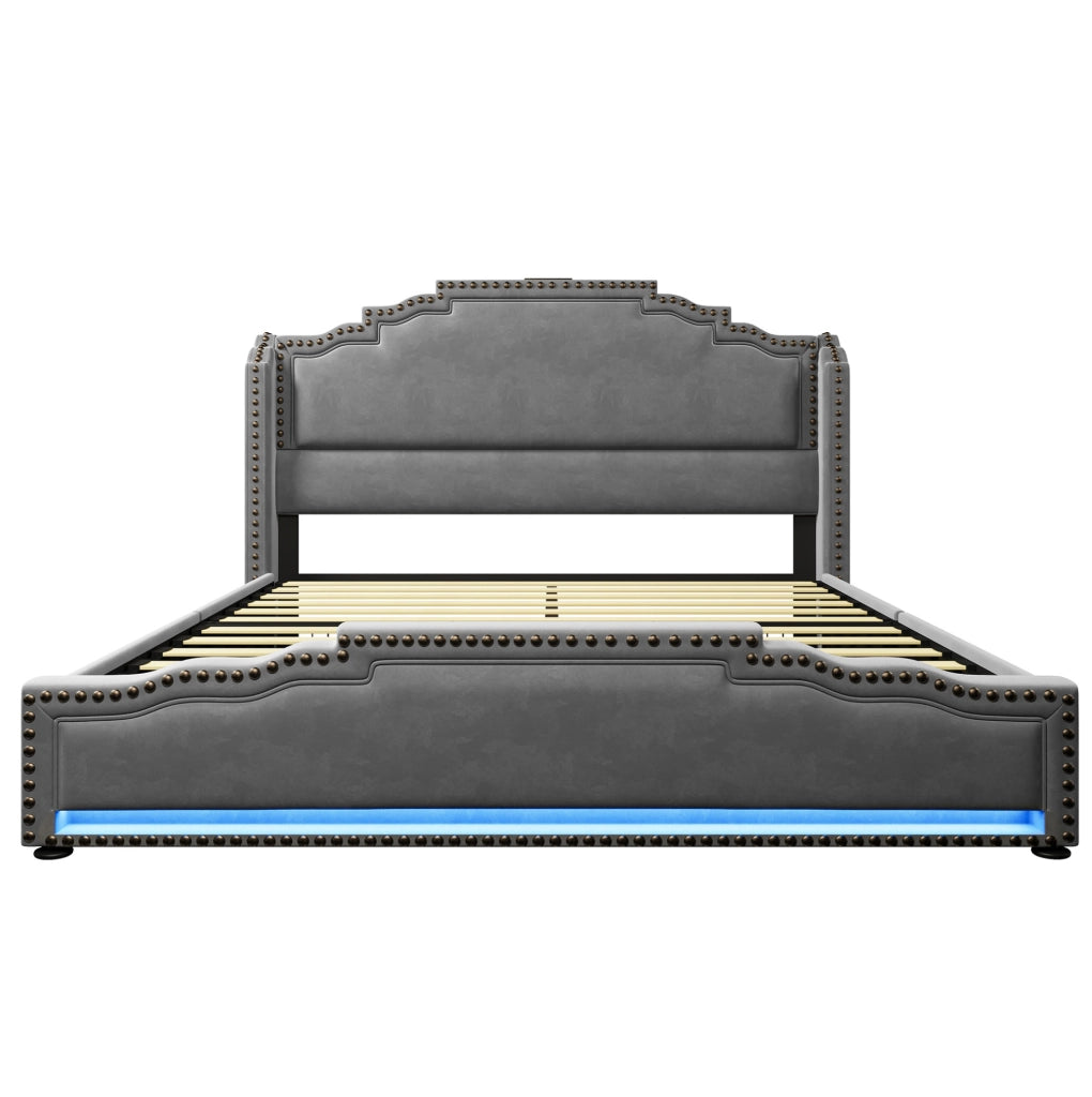 Letto 160x200 cm in velluto grigio con 4 cassetti; LED; USB; Type-C e materasso