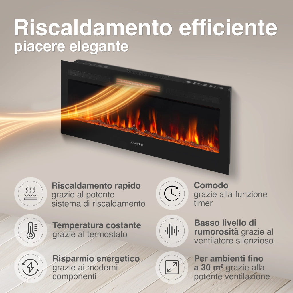 KAMINIO Camino elettrico MARLON - Camino elettrico 3 in 1 con riscaldatore, effetto fiamma 3D, 12 colori di fiamma, telecomando - 42 pollici