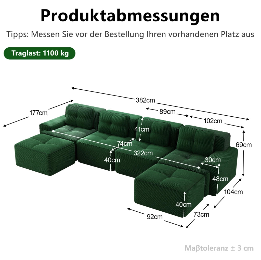 Divano modulare 4 posti con chaise longue a U 382x177x69 cm in velluto a coste verde