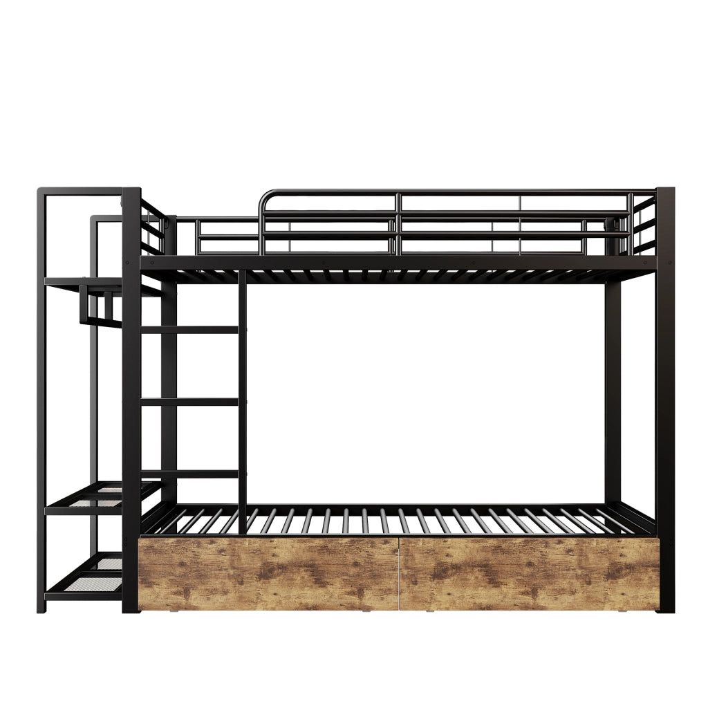 Letto a castello - Zephmum- 90x200 cm - Nero - Struttura in ferro, 2 cassetti, ripiani, LED, appendiabiti