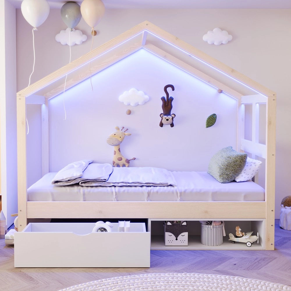 Letto Singolo in Legno con Cassetti e Armadio ¨C Xylo ¨C con LED, Rete a Doghe, 90x190