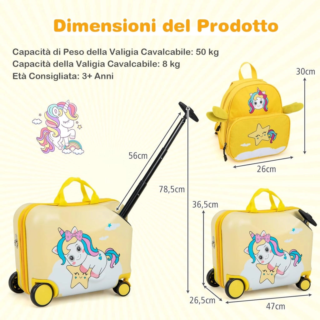 Valigia Cavalcabile per Bambini, 18" Valigia+ 12" Zaino,2 Pezzi, Trolley Bambini Bagaglio a Mano con Ruote Girevoli e Maniglia Retrattile, 2 Cingie Multiuso (Modello 3)